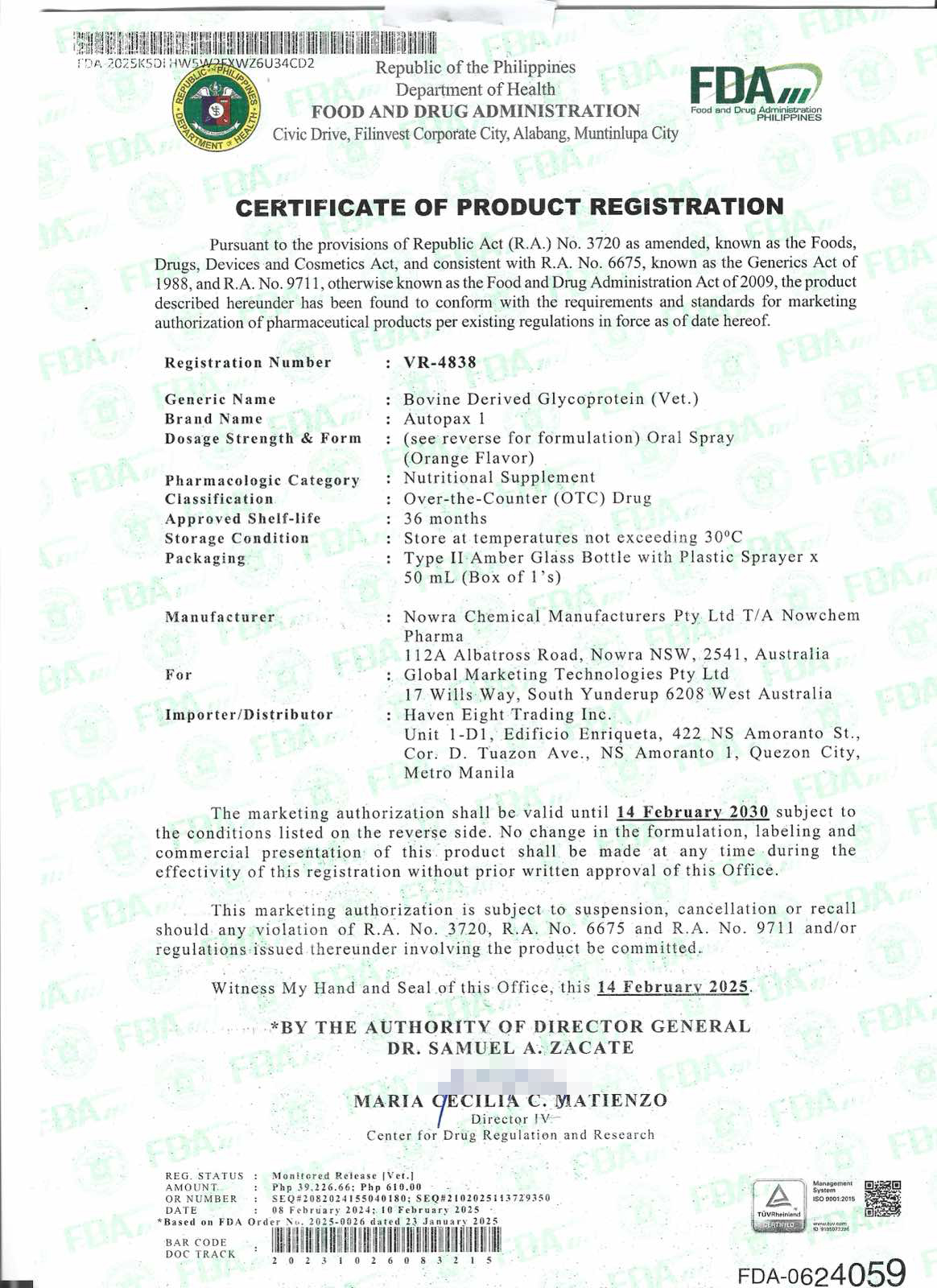Certificate of Product Registration - Swine Tech